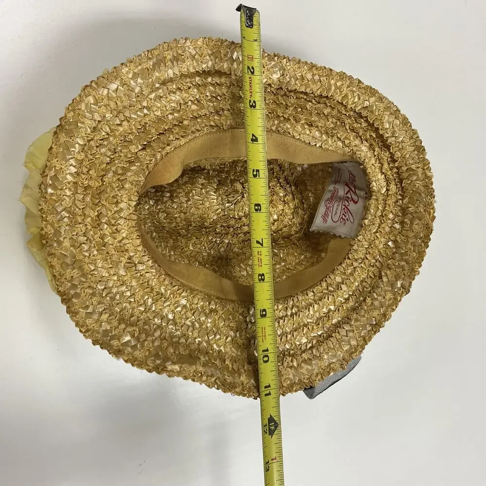 Vintage Mr Rickie Hat Cap Straw Floral Yellow Black Wide Brim Womens Spring 50s